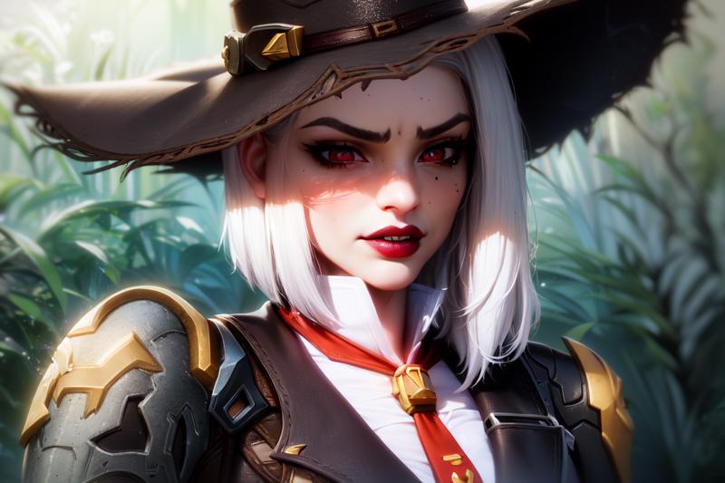 13639-2081484702-best quality, 1girl, cowboy shot, beautiful sxz-ashe-ow-4000, fighting stance, holding weapon, wearing a hat, deep red eyes, whi.png